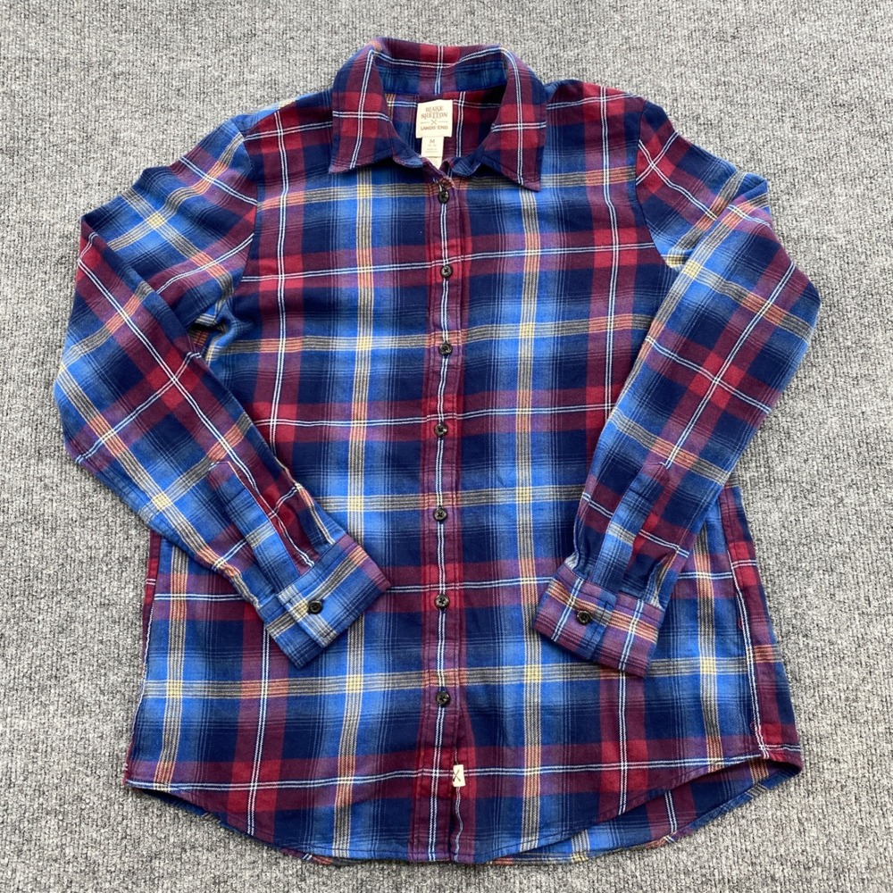 Blake Shelton‎ Lands End Flannel Shirt Boys Medium Blue Red Plaid Western Cabin
